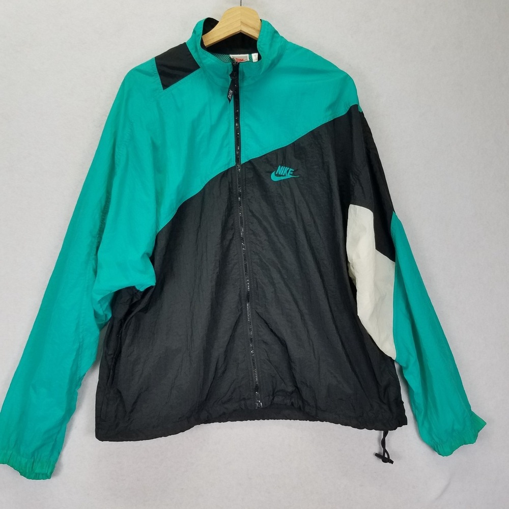Vtg 90s Nike Windbreaker Jacket Mens L Teal Black White Silver Tag Colorblock